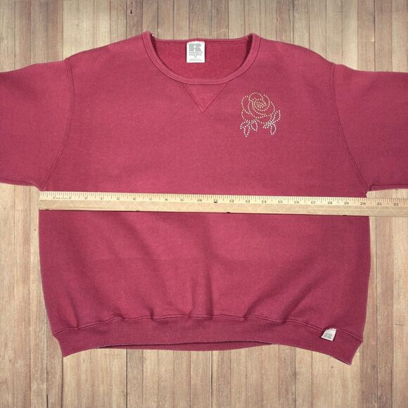 Vintage Russell Womens Sweatshirt Top M Red Studded Flower Crop Boxy Sweater USA - Picture 6 of 12